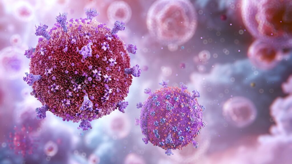 Illustration of HIV (human immunodeficiency virus) particles.